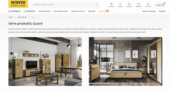 GIF ukazuje sérii nábytku Quant od SCONTO v dekoru dub artisan v moderním stylu do obýváku a ložnice.