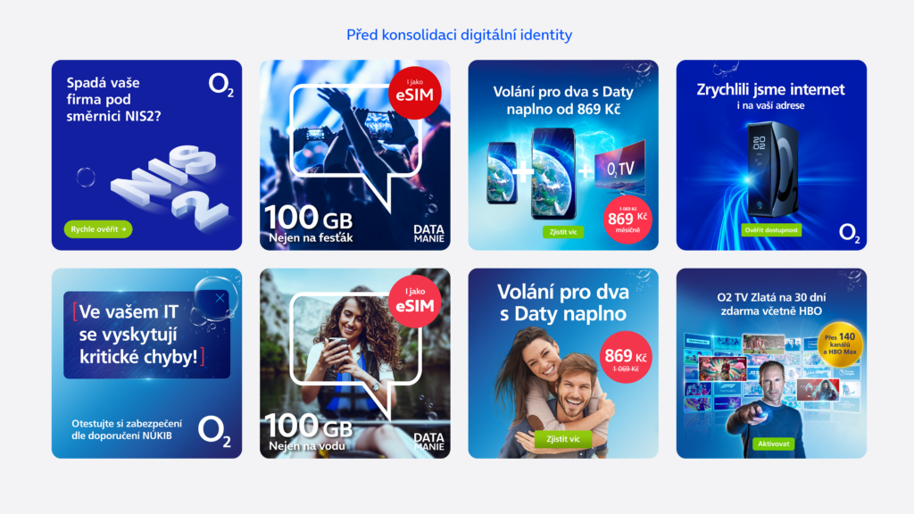O2 reklamní mřížka: NIS2 compliance, 100GB eSIM tarify, volání pro dva od 869 Kč, zrychlení internetu, NÚKIB zabezpečení, O2 TV zkušební