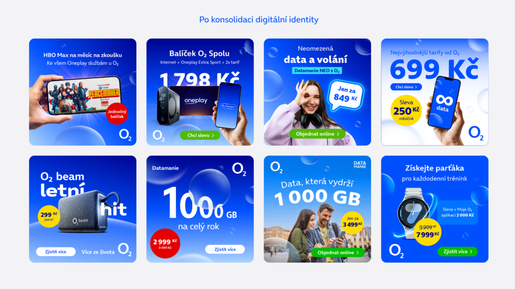 O2 reklamní mřížka po konsolidaci: HBO Max zkouška, O2 Spolu balíček 1 798 Kč, neomezené Datamanie NEO 849 Kč, tarify 699 Kč, O2 beam 299 KčRetry