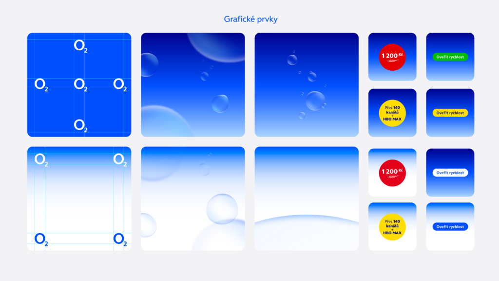 O2 grafické prvky návod: gradientní pozadí, bublinkové dekorace, logo mřížka, cenové štítky (1 200 Kč), HBO Max štítky, tlačítka rychlostiRetry