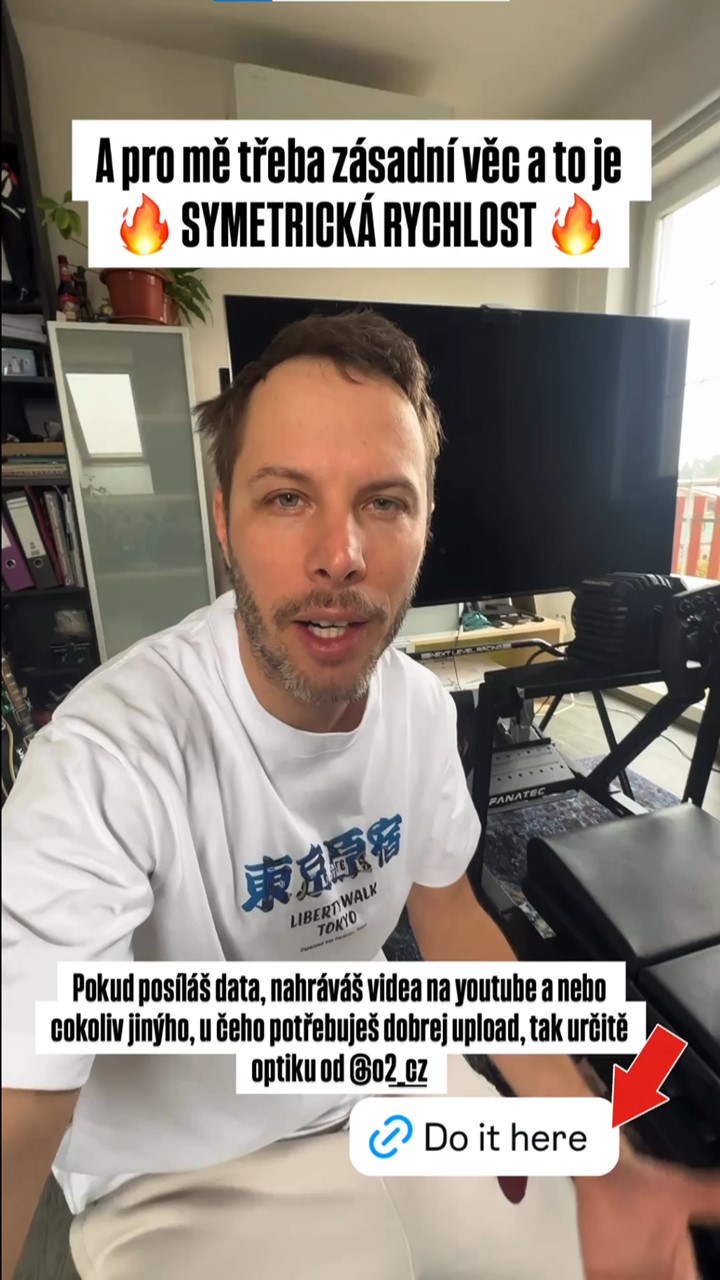 Muž mluví o výhodách symetrické rychlosti pro tvůrce obsahu, propaguje optiku O2 s výzvou 'Do it here'