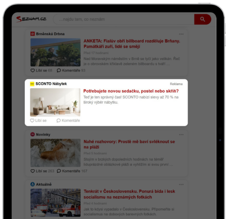 "Feed Seznam.cz s reklamou SCONTO nábytku zobrazující obývací pokoj, nabízející 70% slevu na sedačky, postele a skříně"Retry